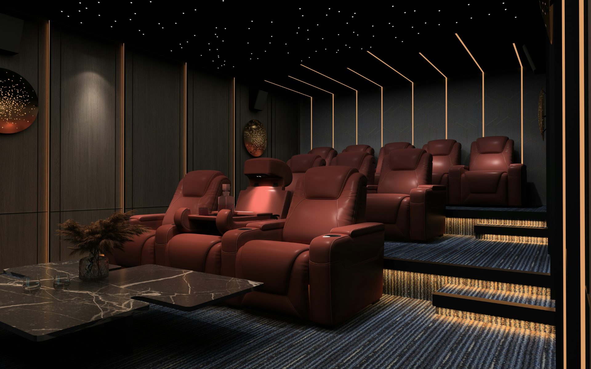 Private home cinema with red leather recliners, set up for a FalconIPTV movie night